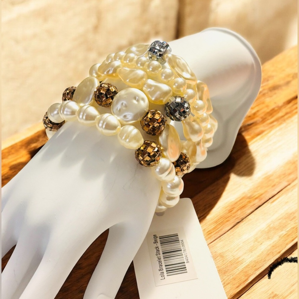 Sassy Jones Lola Beige Faux Pearl and Bead Bracelet Stack